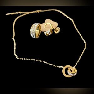 Set: 18K GP Stainless Steel W/ CB Necklace & Earrings